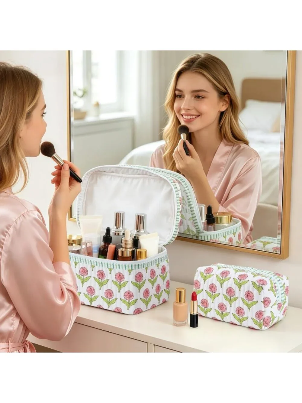 Floral Boho Makeup Bag Set - 2Pcs Large Capacity Cosmetic Organizer for Travel
